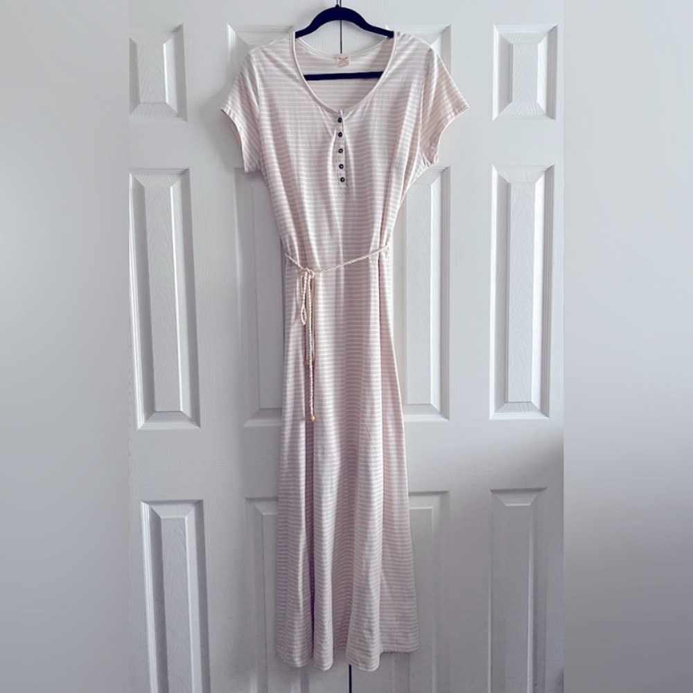 FADED GLORY COTTON HENLEY STRIPE SHORT SLEEVE MAXI DRESS Tan White XL